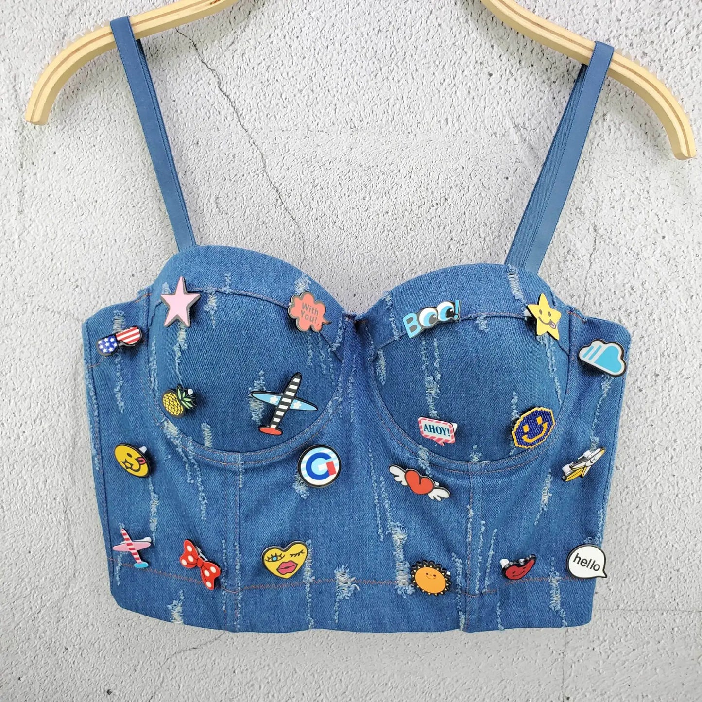 Cute Decoration Push Up Bustier Women's Denim Bralette Cropped Top Vest Plus Size