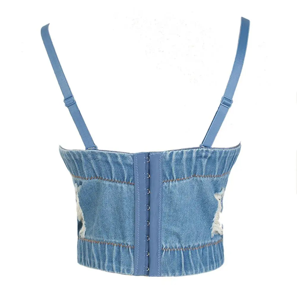 Cute Decoration Push Up Bustier Women's Denim Bralette Cropped Top Vest Plus Size