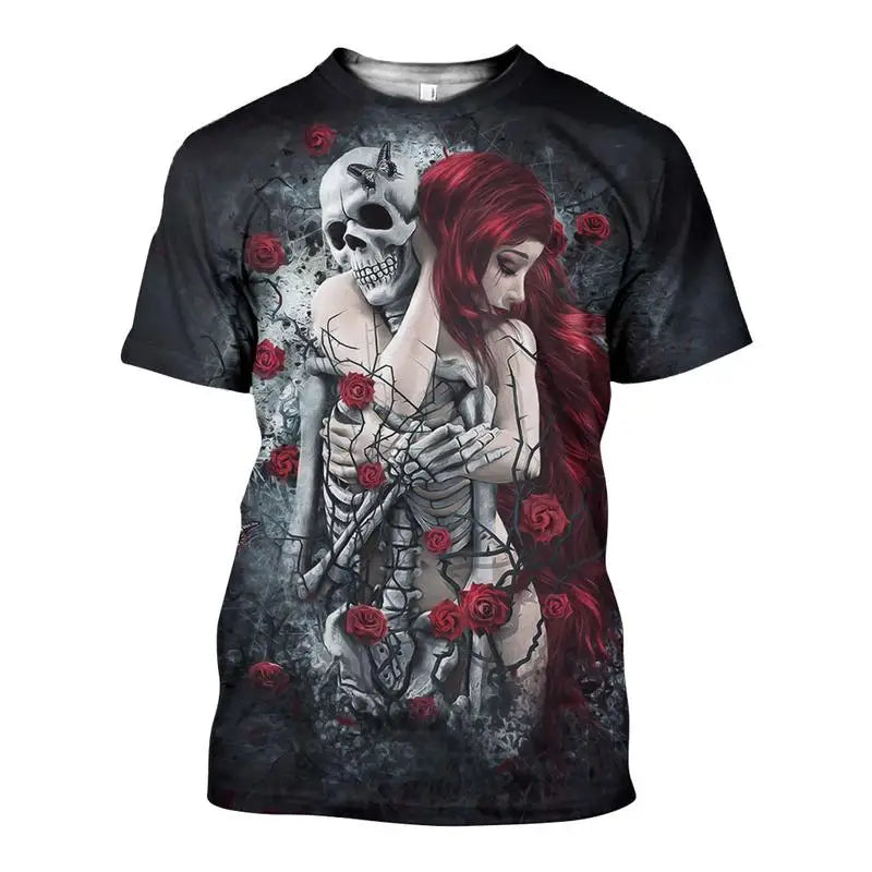 Gothic skull and rose Print Fashion T-Shirt