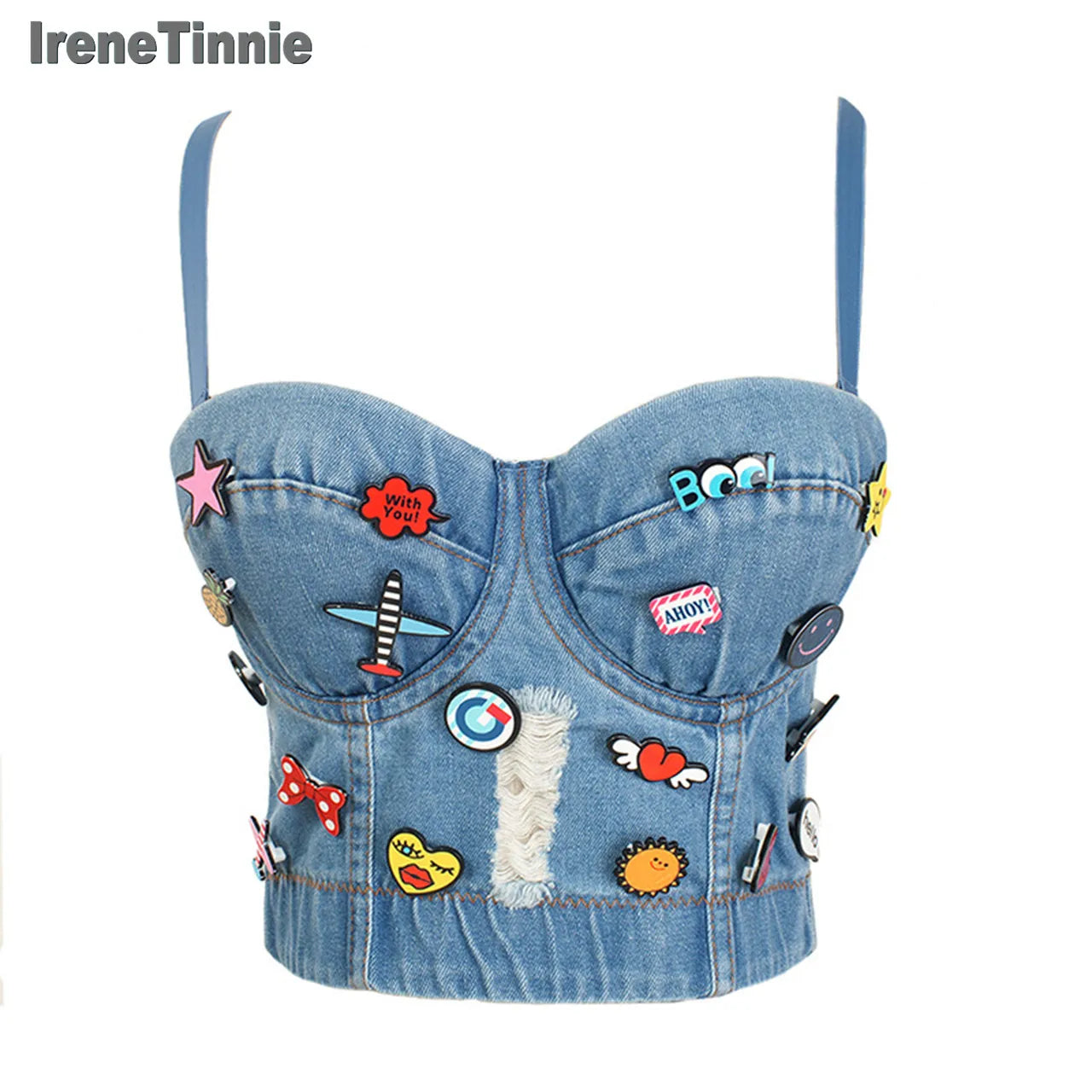 Cute Decoration Push Up Bustier Women's Denim Bralette Cropped Top Vest Plus Size