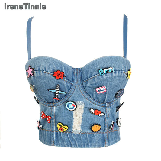 Cute Decoration Push Up Bustier Women's Denim Bralette Cropped Top Vest Plus Size