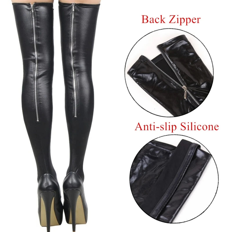 Plus Size Wet Look PVC Leather Thigh High Faux Boots