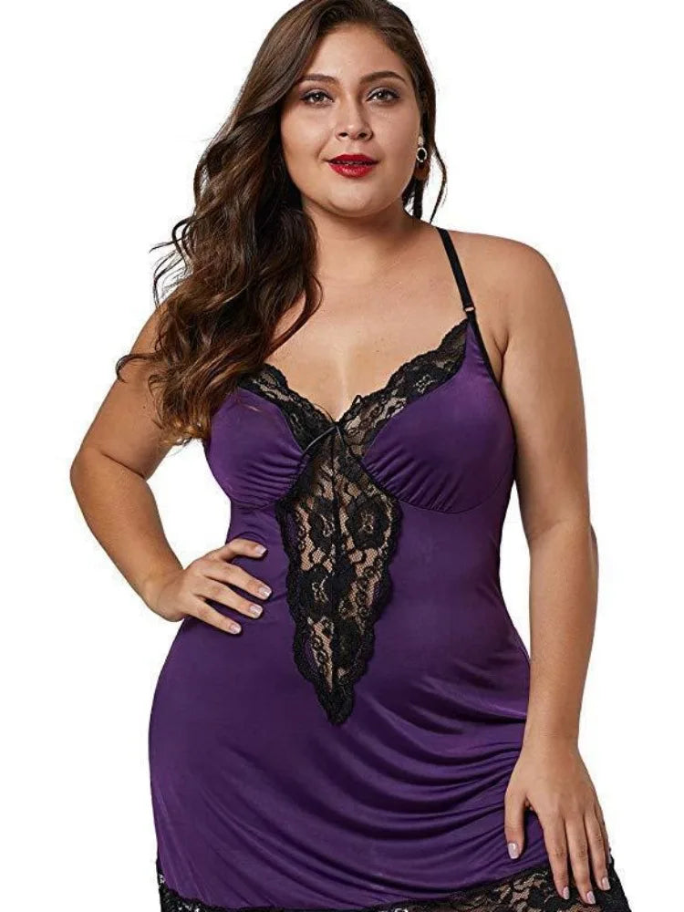 Spaghetti Straps Lace Satin Sleepwear Plus Size Nightgown