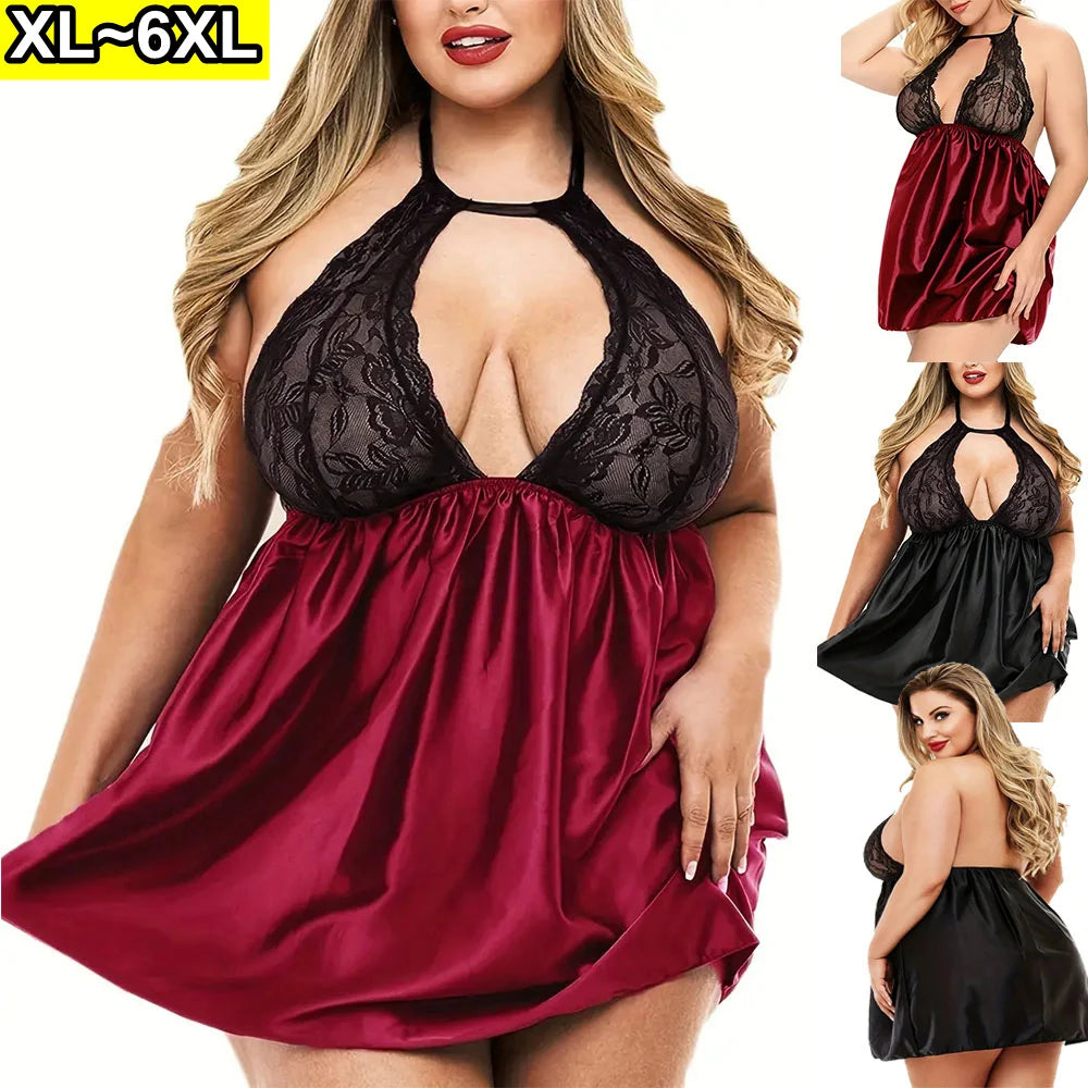 Satin Halter Neck Plus Size Baby Doll Lingerie