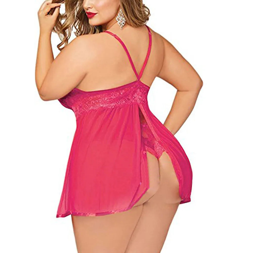 Plus Size Women Black Open Back Lingerie Lace Babydoll Sleepwear