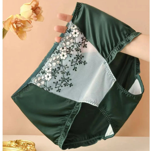 Lady's Panties High waist Satin embroidery briefs Seamless Mesh underpants