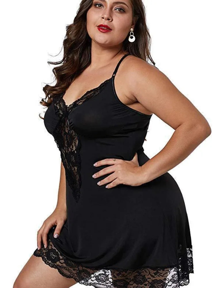 Spaghetti Straps Lace Satin Sleepwear Plus Size Nightgown