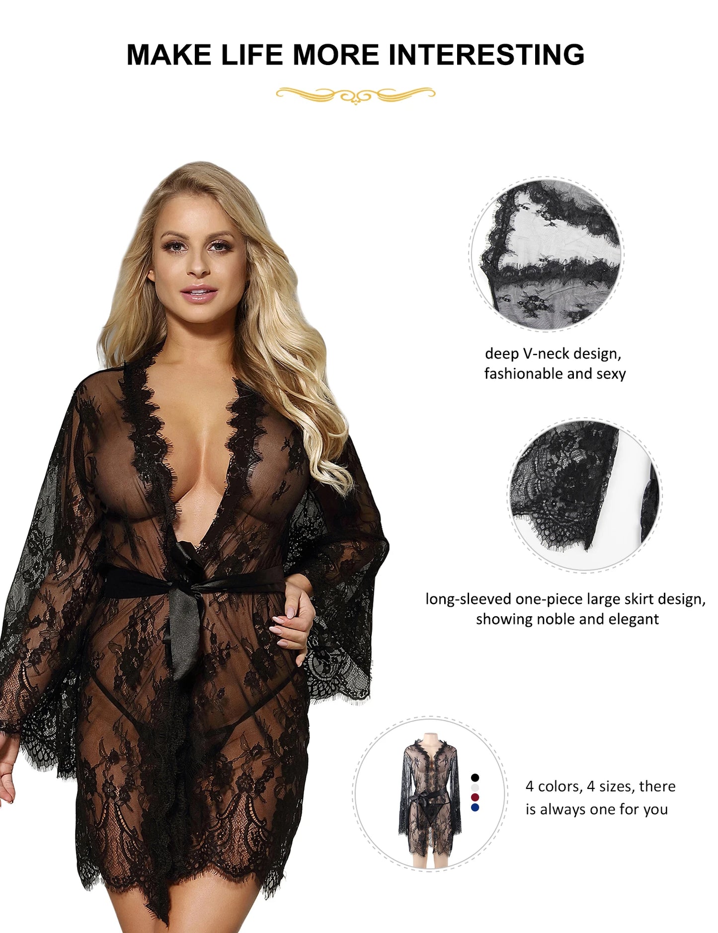 Babydoll Eyelash Lace Dressing Gown With Belts Plus Size