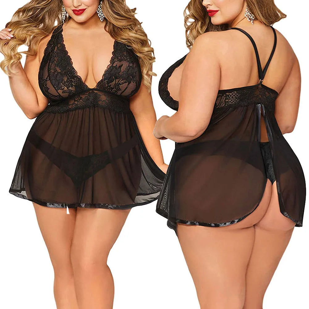 Plus Size Women Black Open Back Lingerie Lace Babydoll Sleepwear