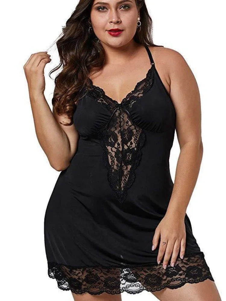 Spaghetti Straps Lace Satin Sleepwear Plus Size Nightgown